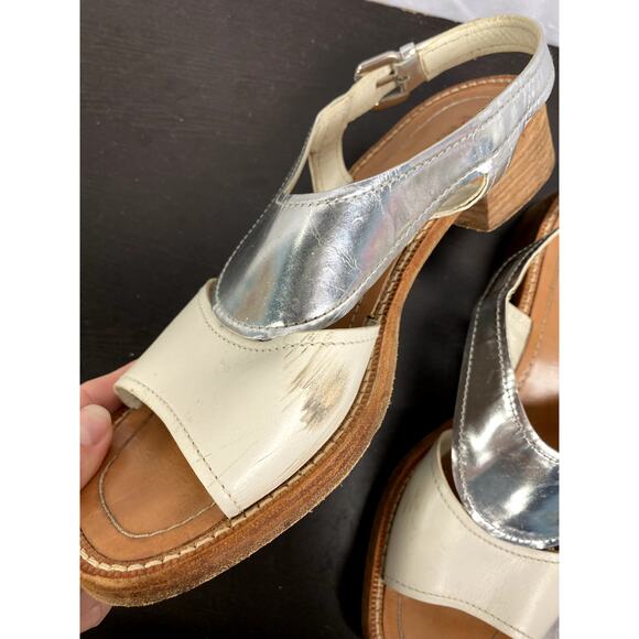 PRADA White Leather Metallic Silver Slingback Sandals Women's Size 40 Open Toe - Picture 4 of 11